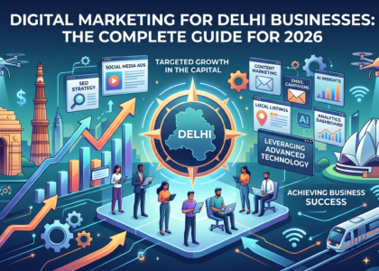 Illustration for Digital Marketing for Delhi Businesses 2026 featuring Delhi landmarks, analytics dashboards, SEO, social media ads, and a marketing team driving business growth.