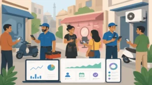 Delhi small business owners using smartphones to connect with customers while digital marketing analytics dashboards track growth and leadsDigital marketing for local Delhi businesses — analytics dashboards showing SEO performance, lead generation, and growth metrics for service providers in Delhi NCR