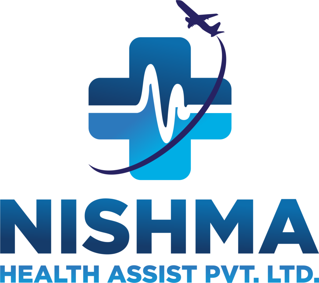 Nishma Health Assist Pvt. Ltd. logo – medical cross, heartbeat pulse and flight path icon